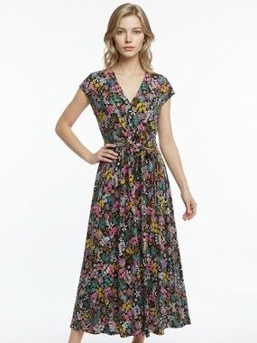 Boden Womens Floral Maxi Dress Black Multicolor V-Neck Wrap Tie Waist Jersey L